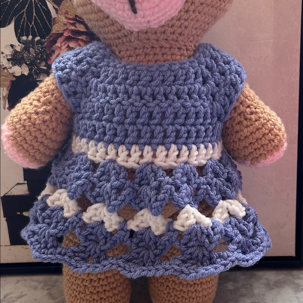 Crochet Teddy Bear with Purple Dress - Handmade - Picture 2 of 4